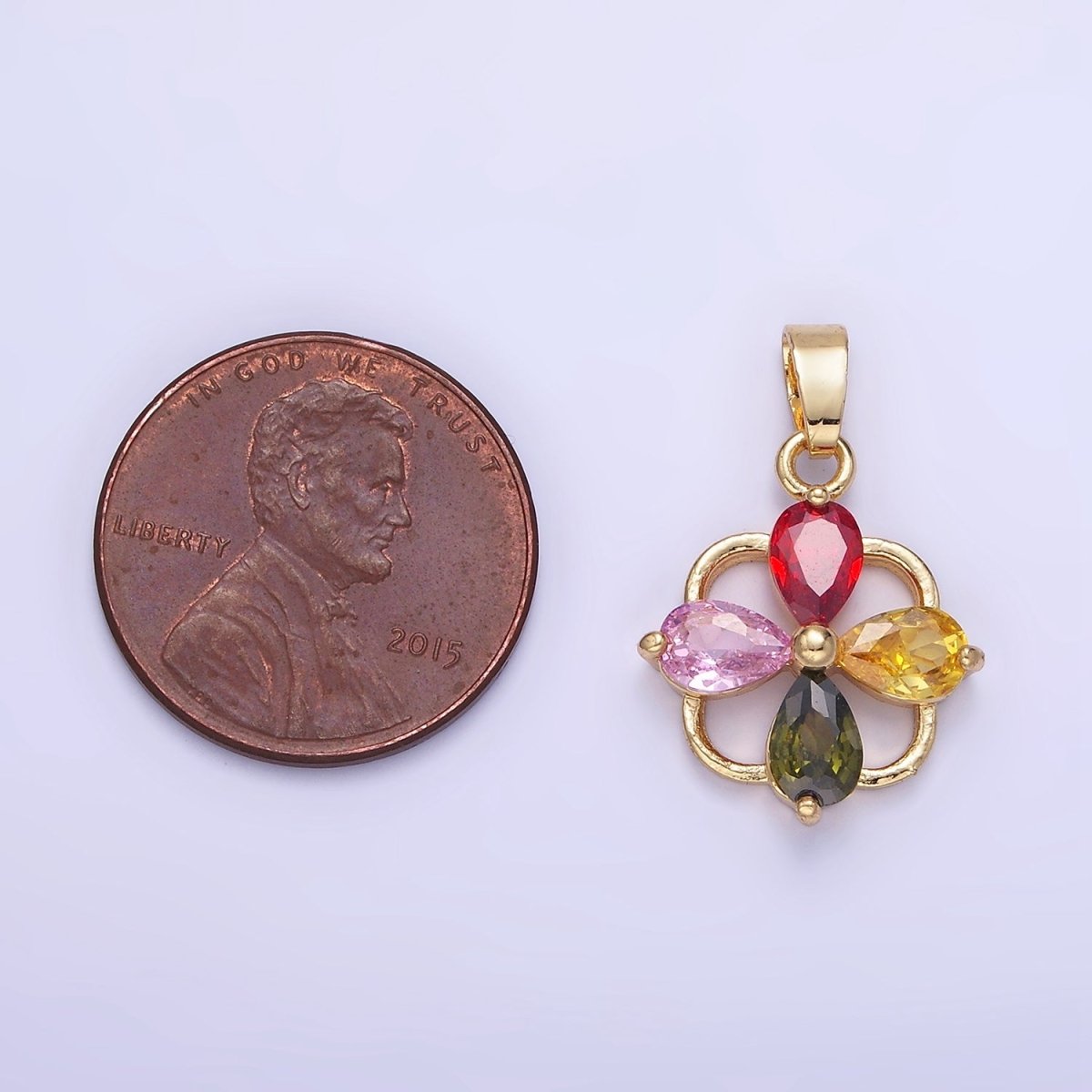 14K Gold plated CZ Multicolor Teardrop Open Square Bail Pendant | AA1179 - DLUXCA