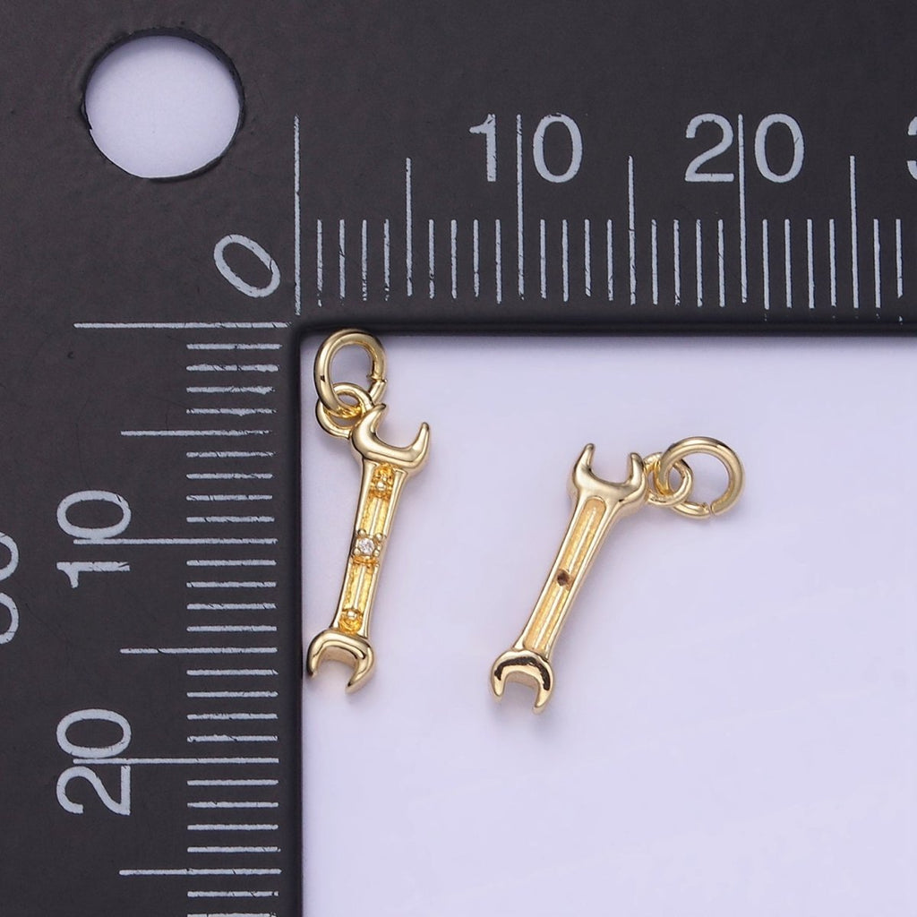 14K Gold plated CZ Open-Ended Wench Construction Tool Mini Charm | W556 - DLUXCA