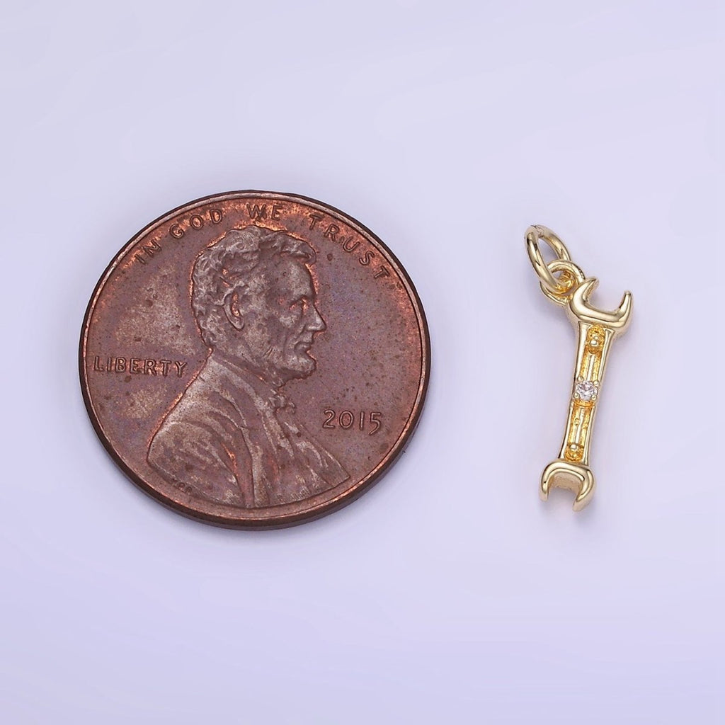 14K Gold plated CZ Open-Ended Wench Construction Tool Mini Charm | W556 - DLUXCA