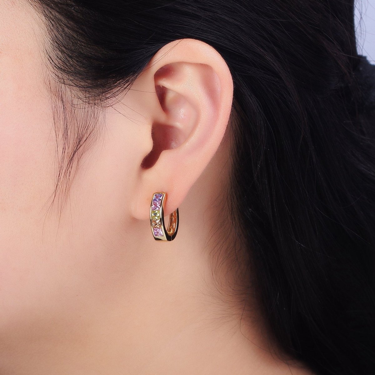 14K Gold plated CZ Pastel Multicolor Square Checkered Oblong Huggie Earrings | AD1435 - DLUXCA