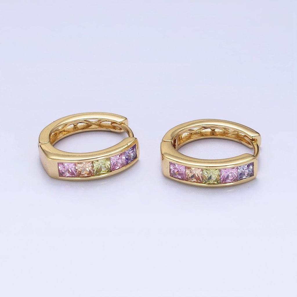 14K Gold plated CZ Pastel Multicolor Square Checkered Oblong Huggie Earrings | AD1435 - DLUXCA
