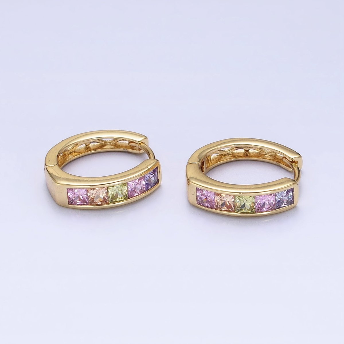 14K Gold plated CZ Pastel Multicolor Square Checkered Oblong Huggie Earrings | AD1435 - DLUXCA