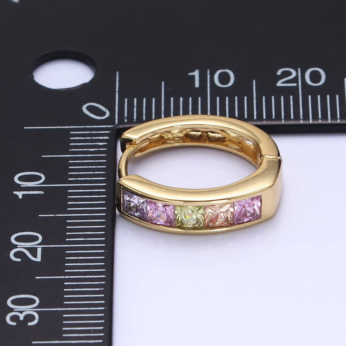 14K Gold plated CZ Pastel Multicolor Square Checkered Oblong Huggie Earrings | AD1435 - DLUXCA