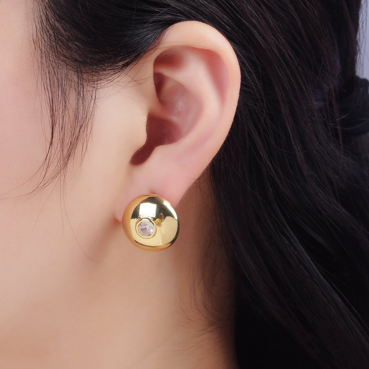 14K Gold plated CZ Round Dome Stud Earrings | P509 - DLUXCA