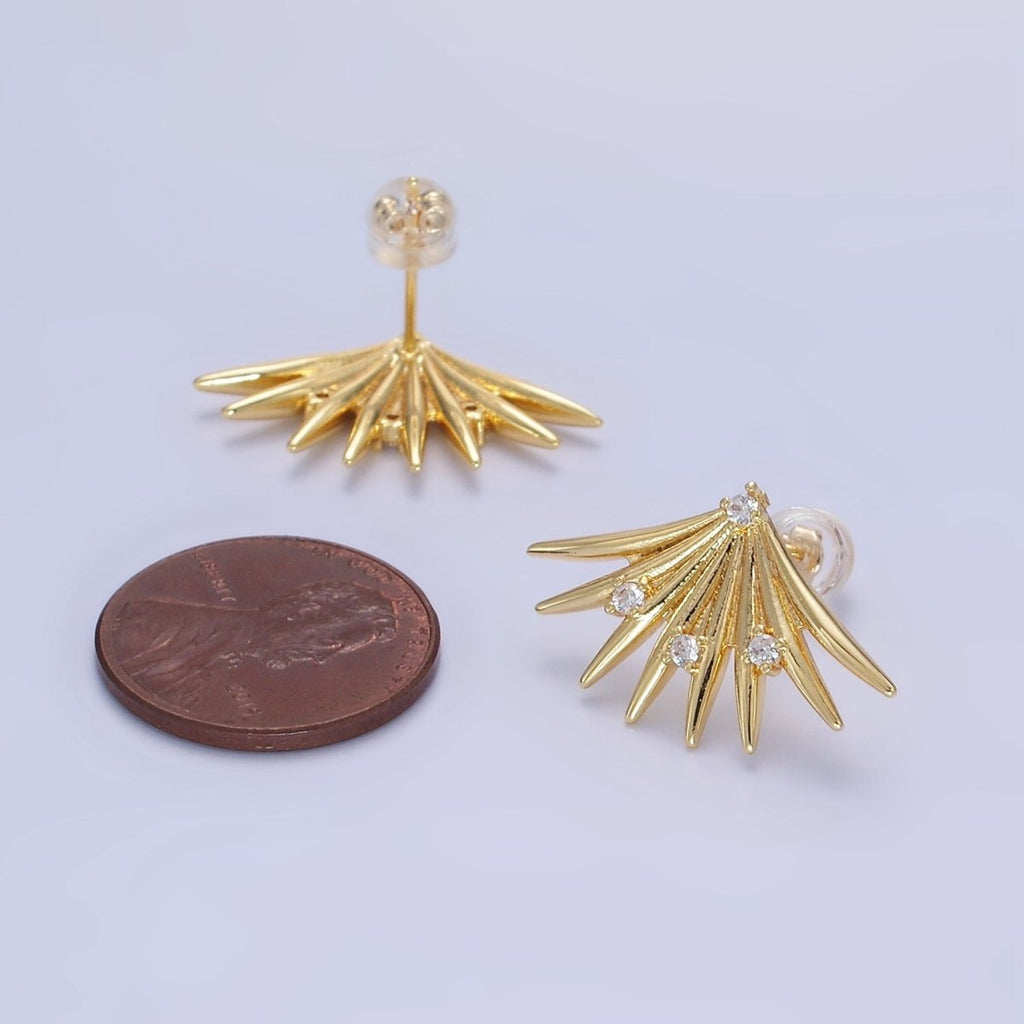 14K Gold plated CZ Spiked Fan Stud Earrings | Q219 - DLUXCA