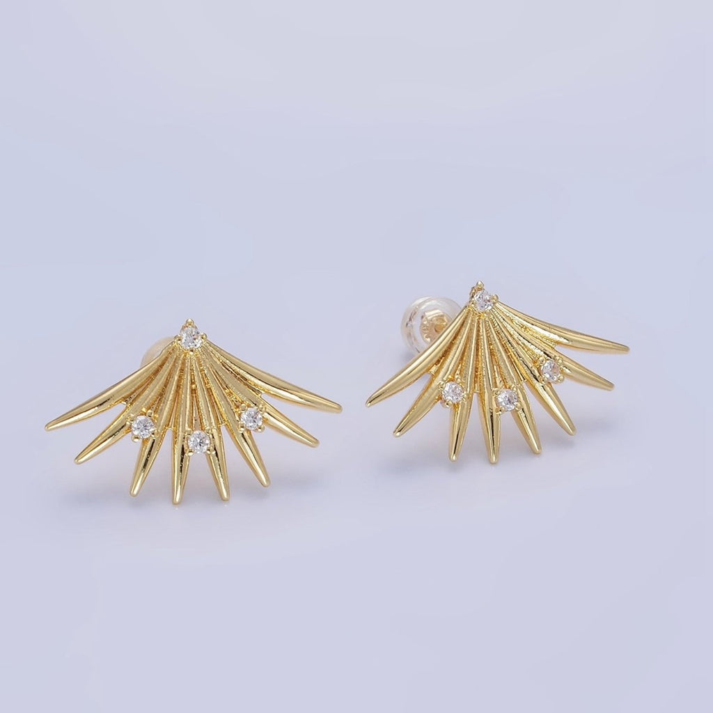 14K Gold plated CZ Spiked Fan Stud Earrings | Q219 - DLUXCA