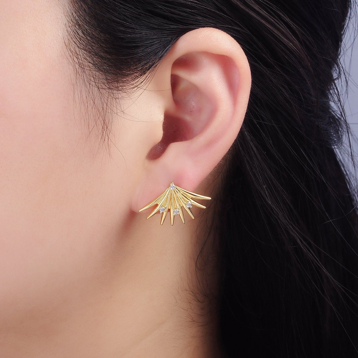 14K Gold plated CZ Spiked Fan Stud Earrings | Q219 - DLUXCA