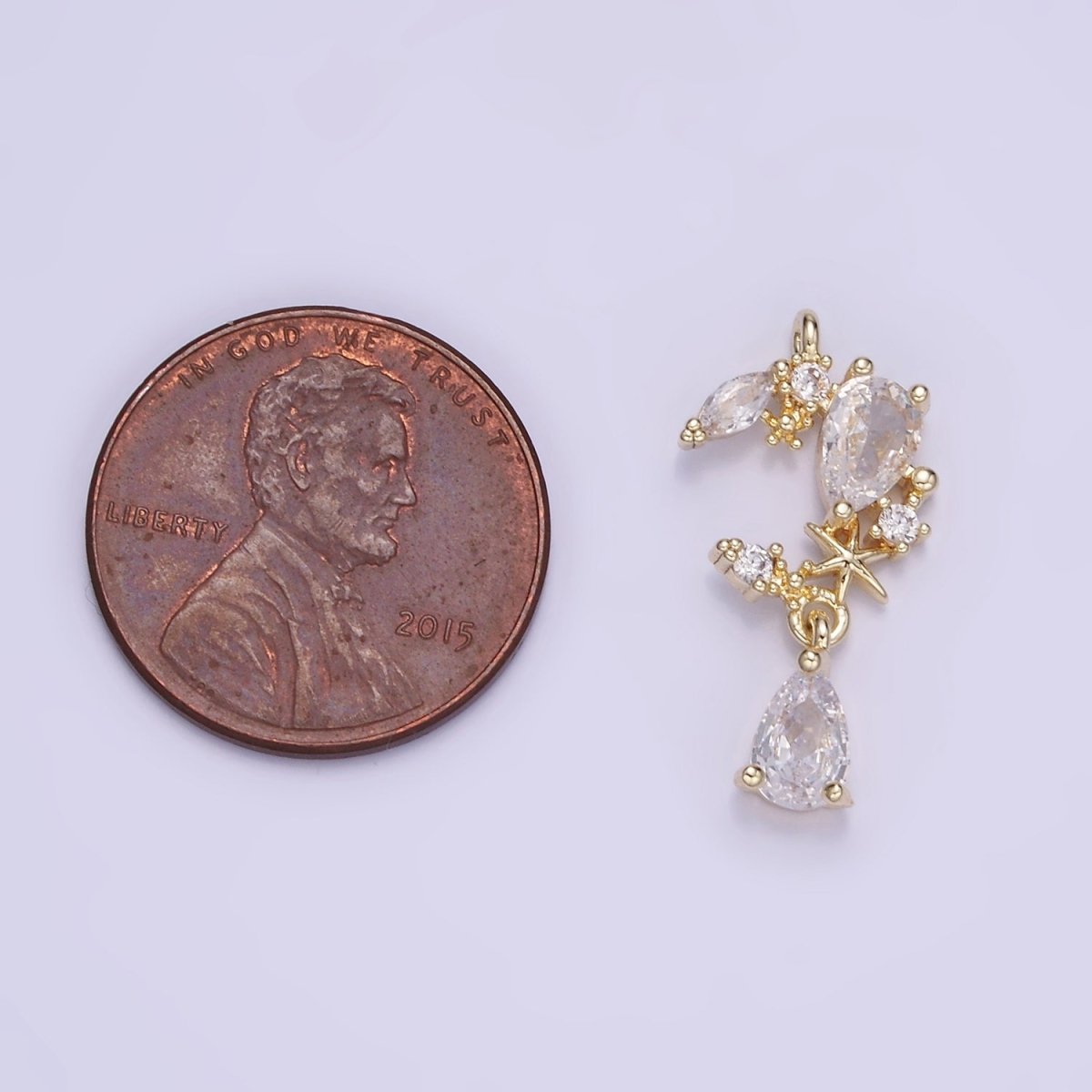 14K Gold plated CZ Teardrop Celestial Crescent Moon Drop Charm | W529 - DLUXCA