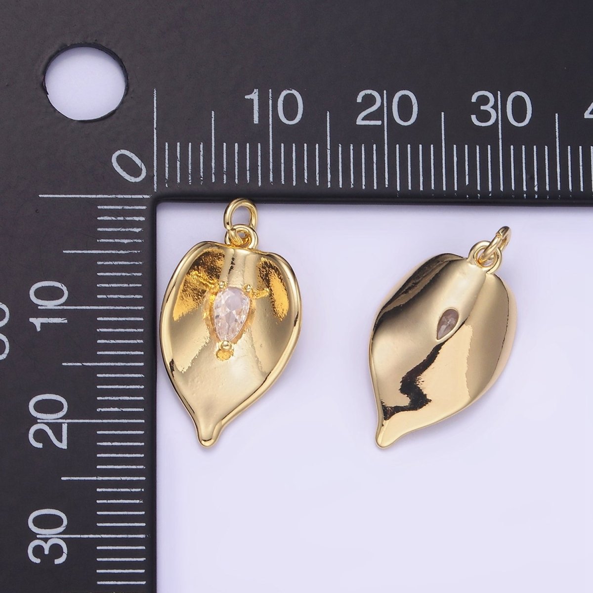 14K Gold plated CZ Teardrop Curved Leaf Plant Charm | W552 - DLUXCA