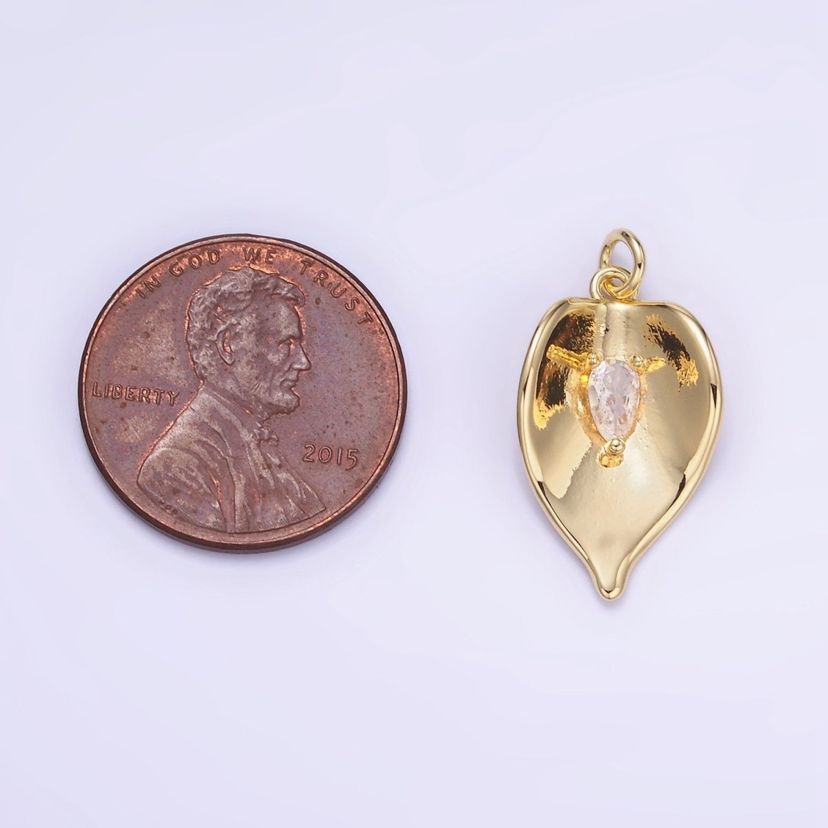 14K Gold plated CZ Teardrop Curved Leaf Plant Charm | W552 - DLUXCA