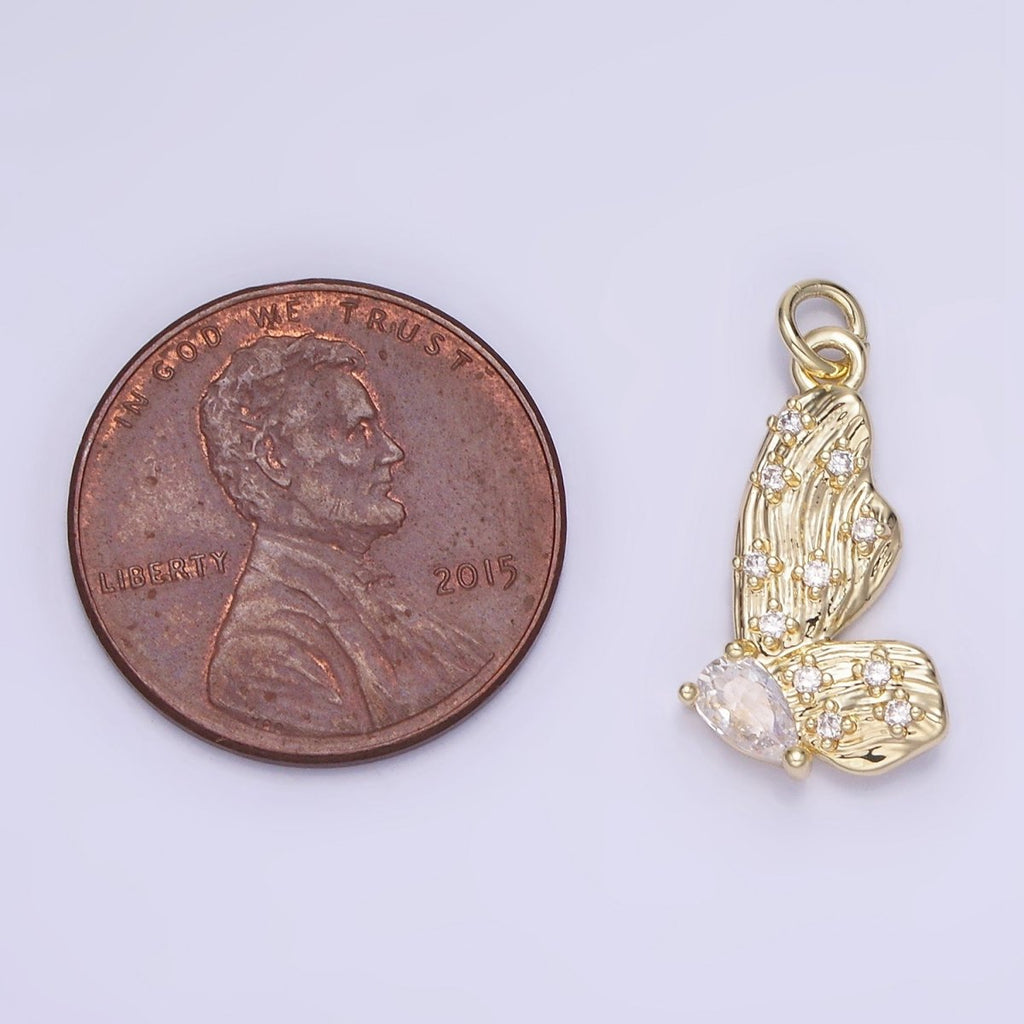 14K Gold plated CZ Teardrop Dotted Butterfly Wings Lined Charm | AG719 - DLUXCA
