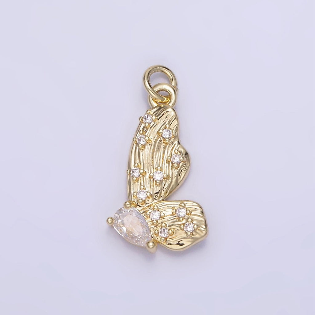 14K Gold plated CZ Teardrop Dotted Butterfly Wings Lined Charm | AG719 - DLUXCA