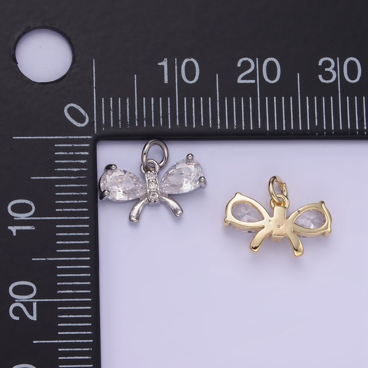 14K Gold plated CZ Teardrop Micro Paved Ribbon Bow Charm in Gold & Silver | W545