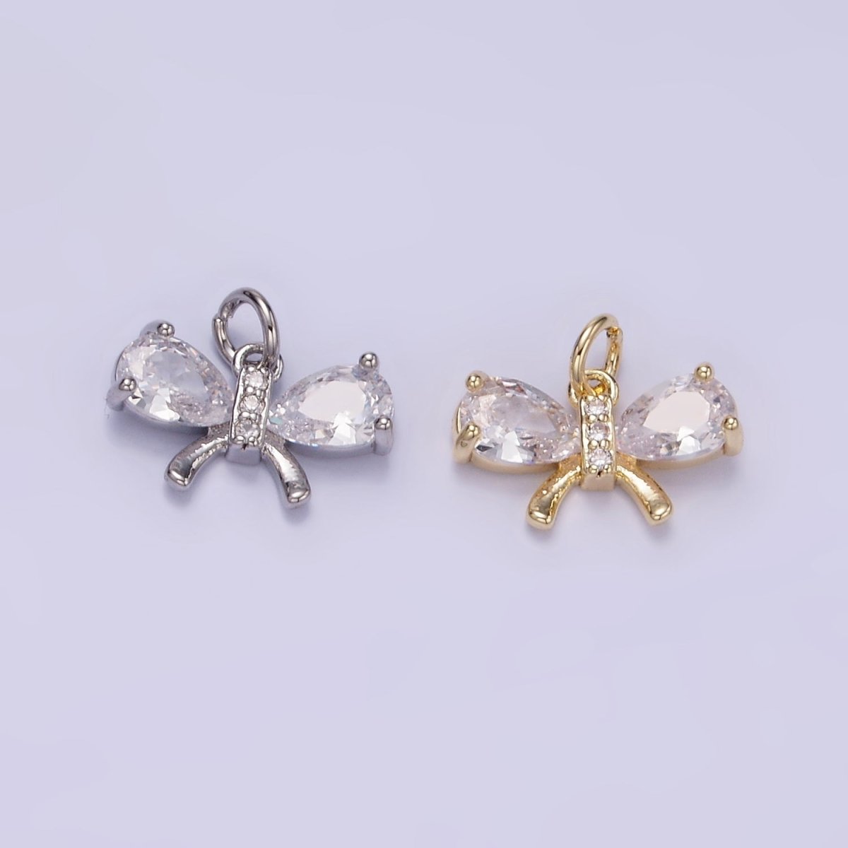 14K Gold plated CZ Teardrop Micro Paved Ribbon Bow Charm in Gold & Silver | W545