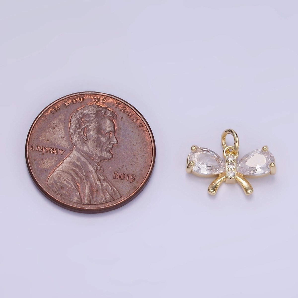 14K Gold plated CZ Teardrop Micro Paved Ribbon Bow Charm in Gold & Silver | W545