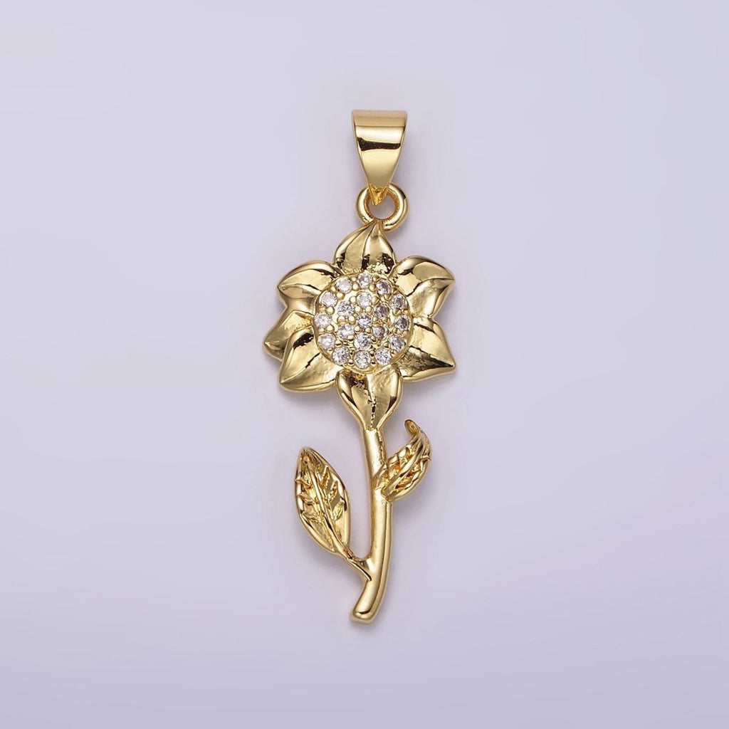 14K Gold plated Daffodil Flower Nature Clear Micro Paved CZ Pendant | N1942 - DLUXCA