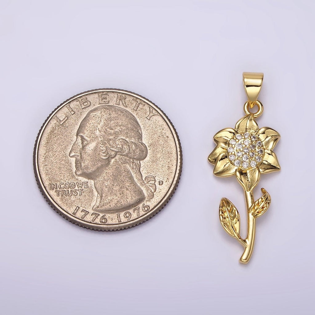 14K Gold plated Daffodil Flower Nature Clear Micro Paved CZ Pendant | N1942 - DLUXCA