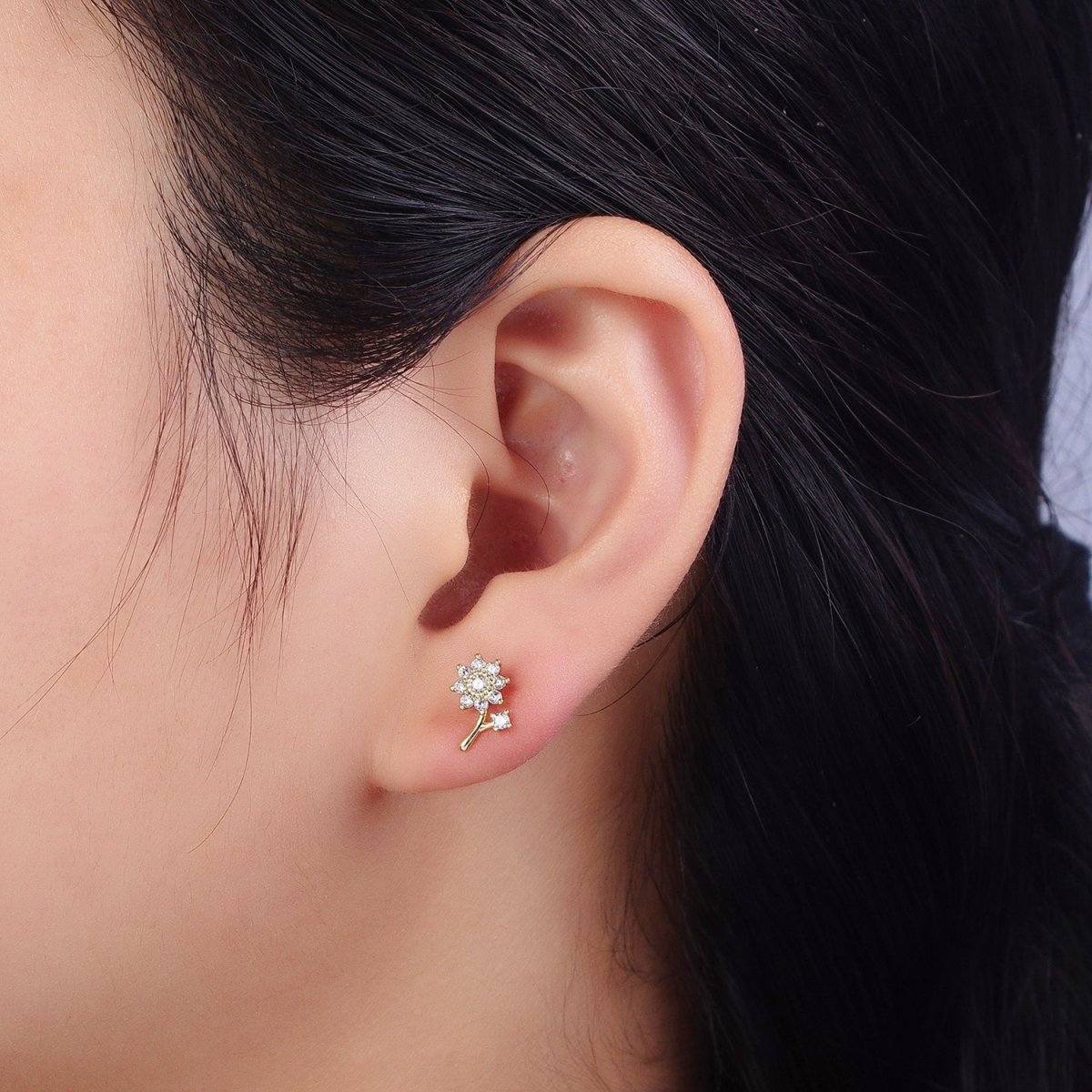 14K Gold plated Dainty Forget-Me-Not Flower Clear CZ Stud Earring | AB131 - DLUXCA
