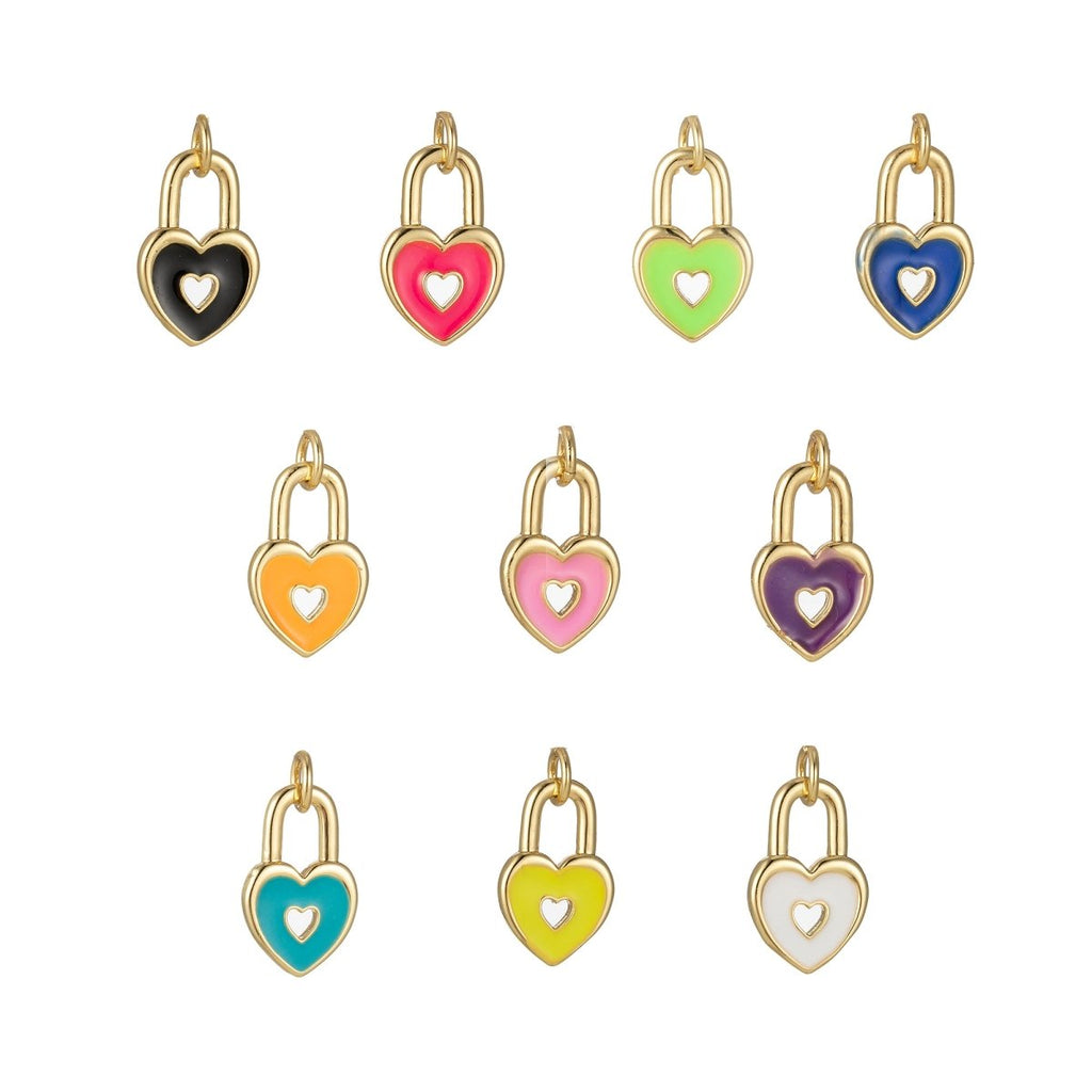 14k Gold plated Dainty Heart Padlock Charm Colorful Enamel Lock Charm for Necklace Bracelet Jewelry Making Black Blue Pink Green Orange Purple E-794-E-803 - DLUXCA