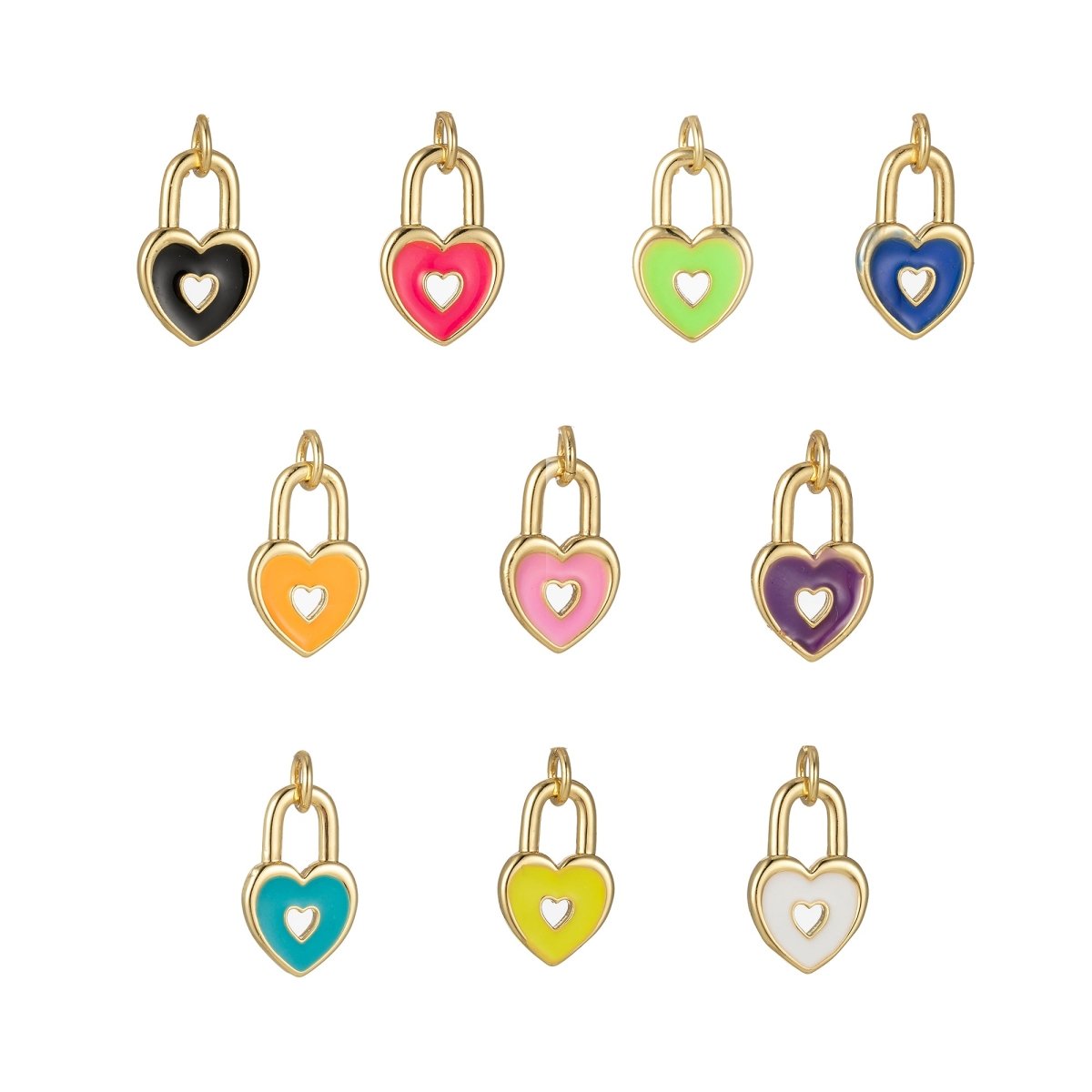 14k Gold plated Dainty Heart Padlock Charm Colorful Enamel Lock Charm for Necklace Bracelet Jewelry Making Black Blue Pink Green Orange Purple E-794-E-803 - DLUXCA