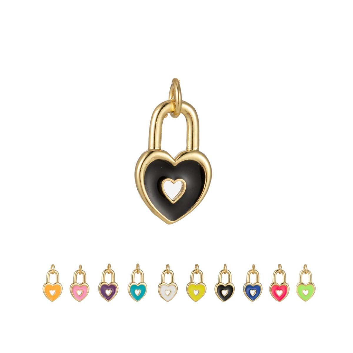 14k Gold plated Dainty Heart Padlock Charm Colorful Enamel Lock Charm for Necklace Bracelet Jewelry Making Black Blue Pink Green Orange Purple E-794-E-803 - DLUXCA