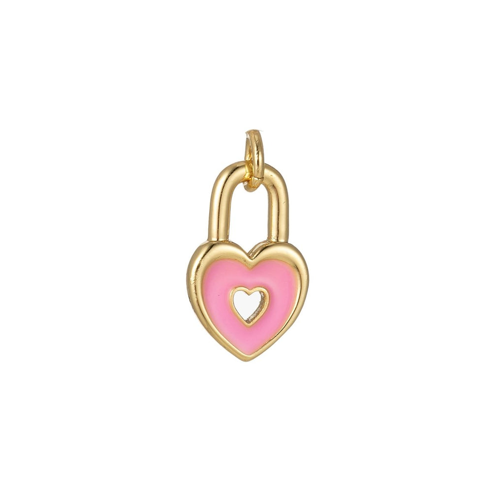 14k Gold plated Dainty Heart Padlock Charm Colorful Enamel Lock Charm for Necklace Bracelet Jewelry Making Black Blue Pink Green Orange Purple E-794-E-803 - DLUXCA