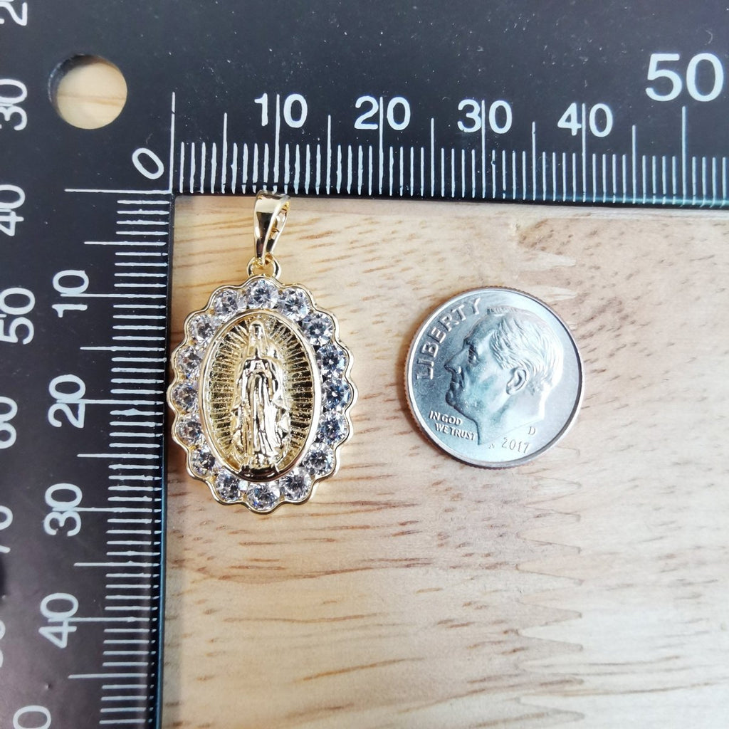 14K Gold plated Dainty Miraculous Lady Mother Mary Micro Pave CZ Virgin Mary Bracelet Charm Necklace Pendant with Bails Findings I-822 - DLUXCA