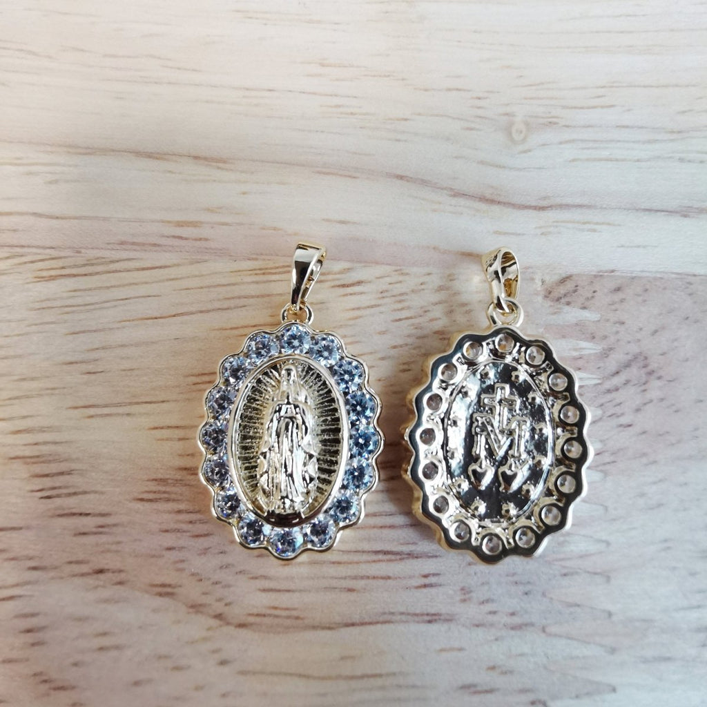 14K Gold plated Dainty Miraculous Lady Mother Mary Micro Pave CZ Virgin Mary Bracelet Charm Necklace Pendant with Bails Findings I-822 - DLUXCA