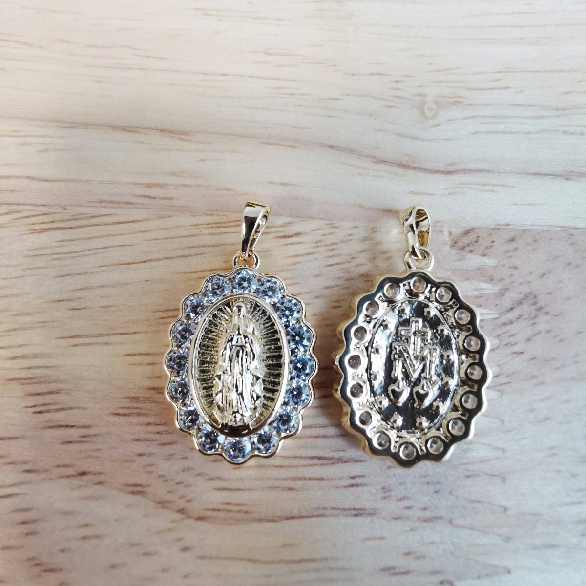 14K Gold plated Dainty Miraculous Lady Mother Mary Micro Pave CZ Virgin Mary Bracelet Charm Necklace Pendant with Bails Findings I-822 - DLUXCA