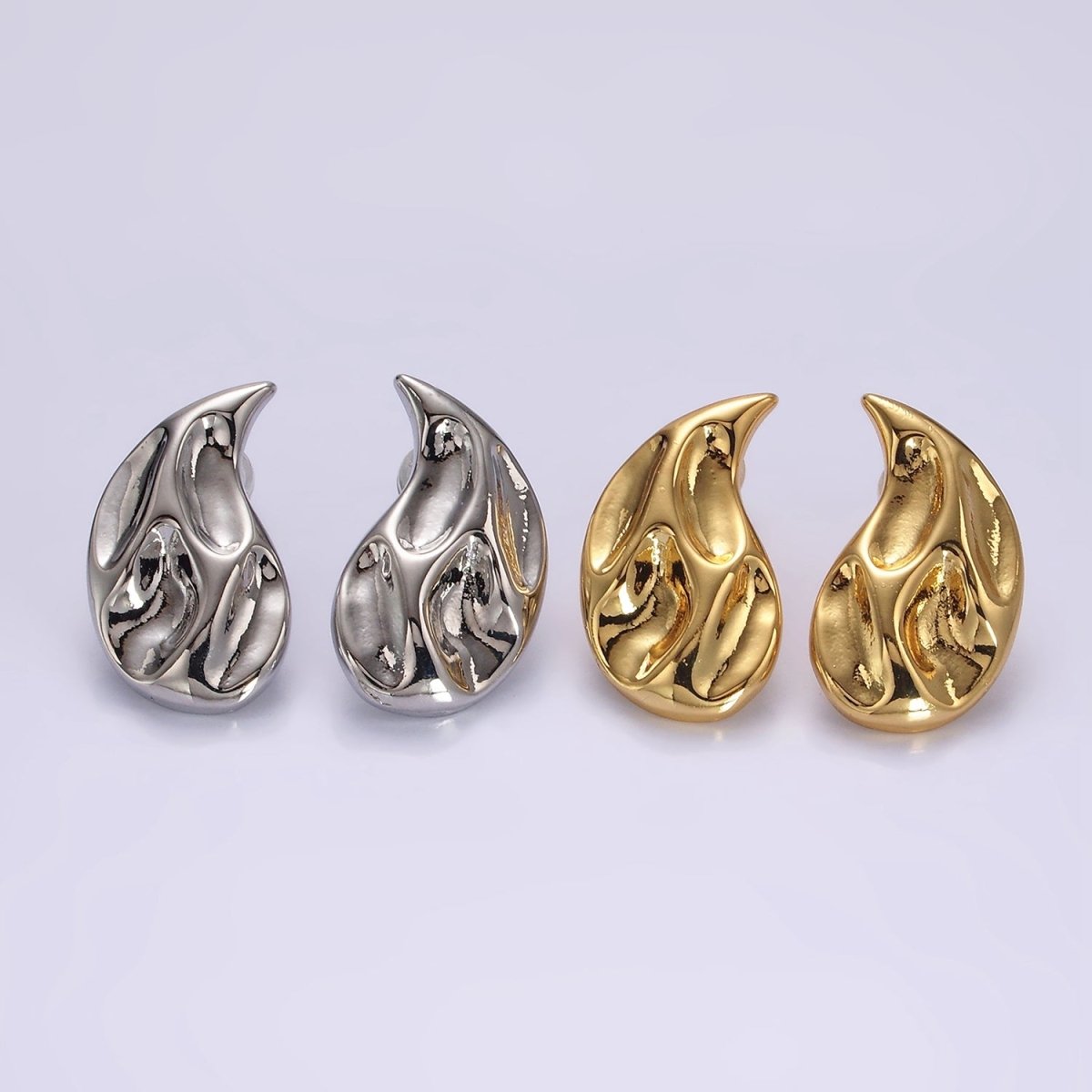 14K Gold plated Dented Molten Fire Curved Teardrop Set Stud Earrings in Gold & Silver | AE-108 AE-109