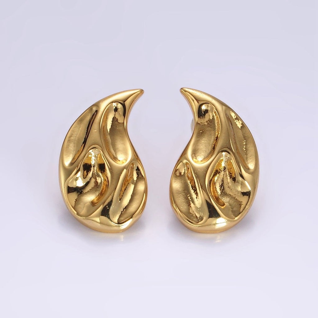 14K Gold plated Dented Molten Fire Curved Teardrop Set Stud Earrings in Gold & Silver | AE-108 AE-109