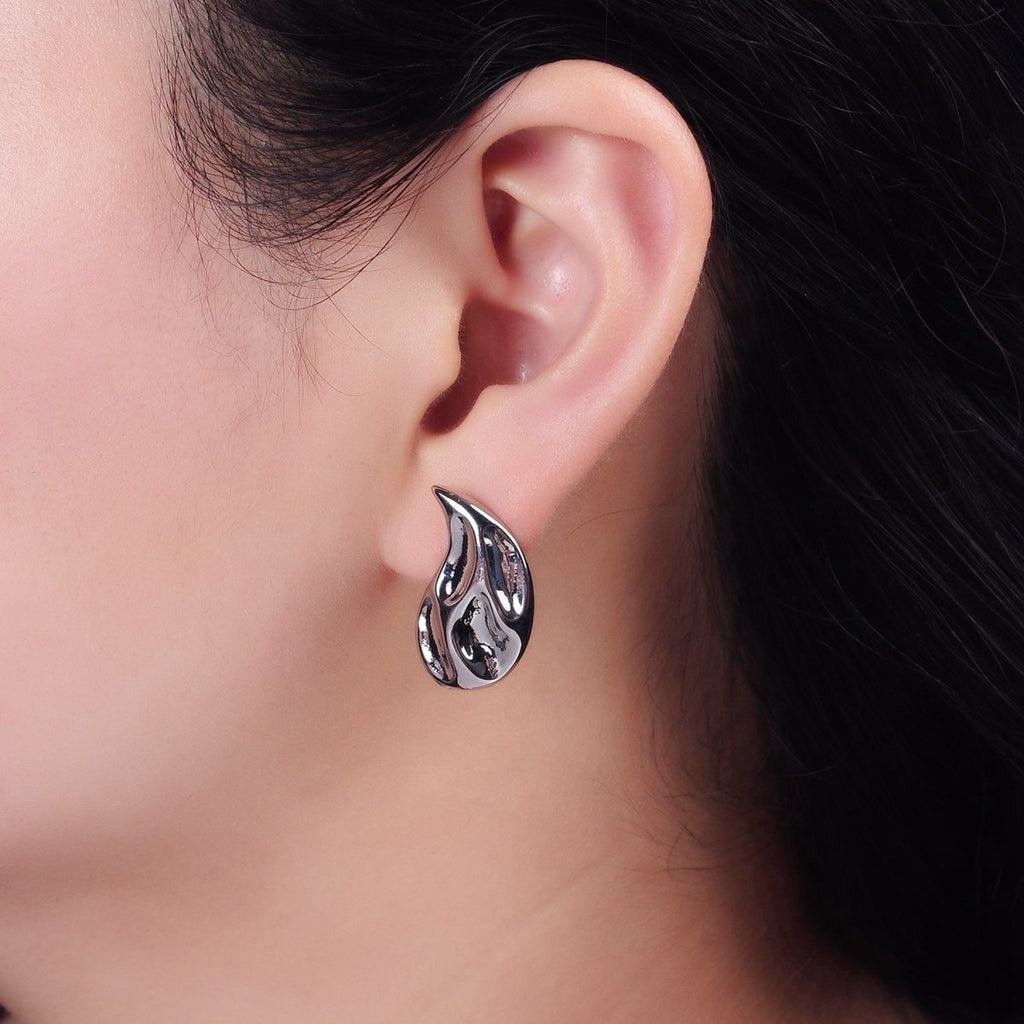 14K Gold plated Dented Molten Fire Curved Teardrop Set Stud Earrings in Gold & Silver | AE-108 AE-109