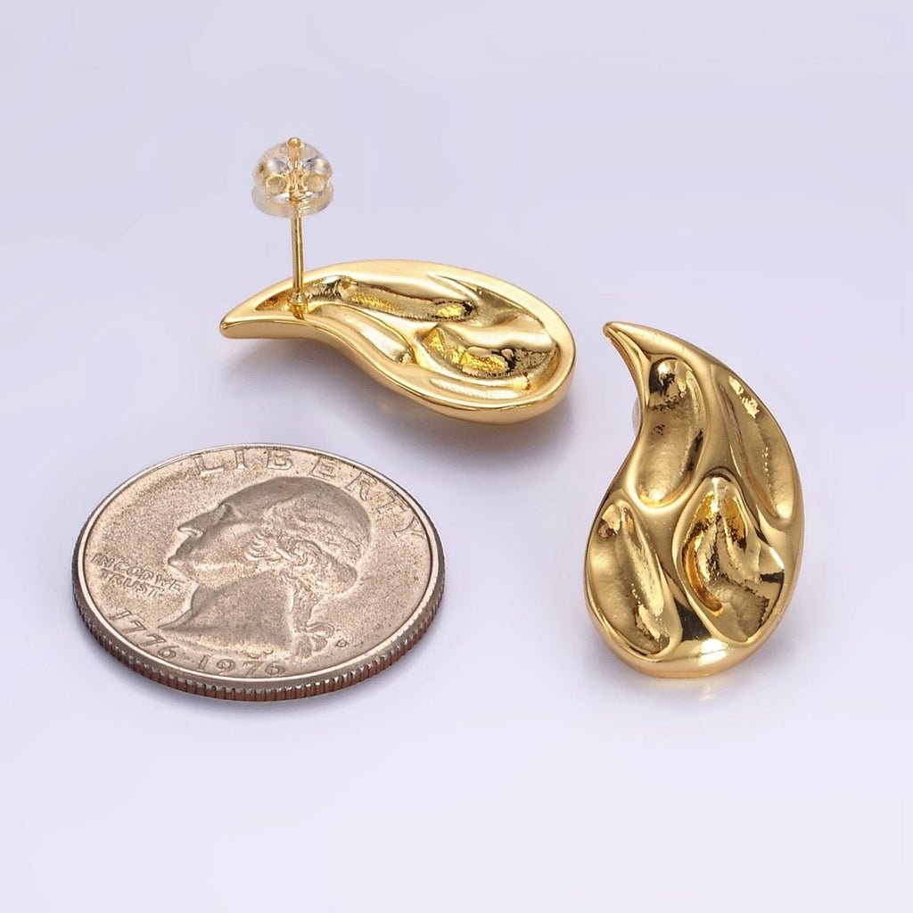 14K Gold plated Dented Molten Fire Curved Teardrop Set Stud Earrings in Gold & Silver | AE-108 AE-109