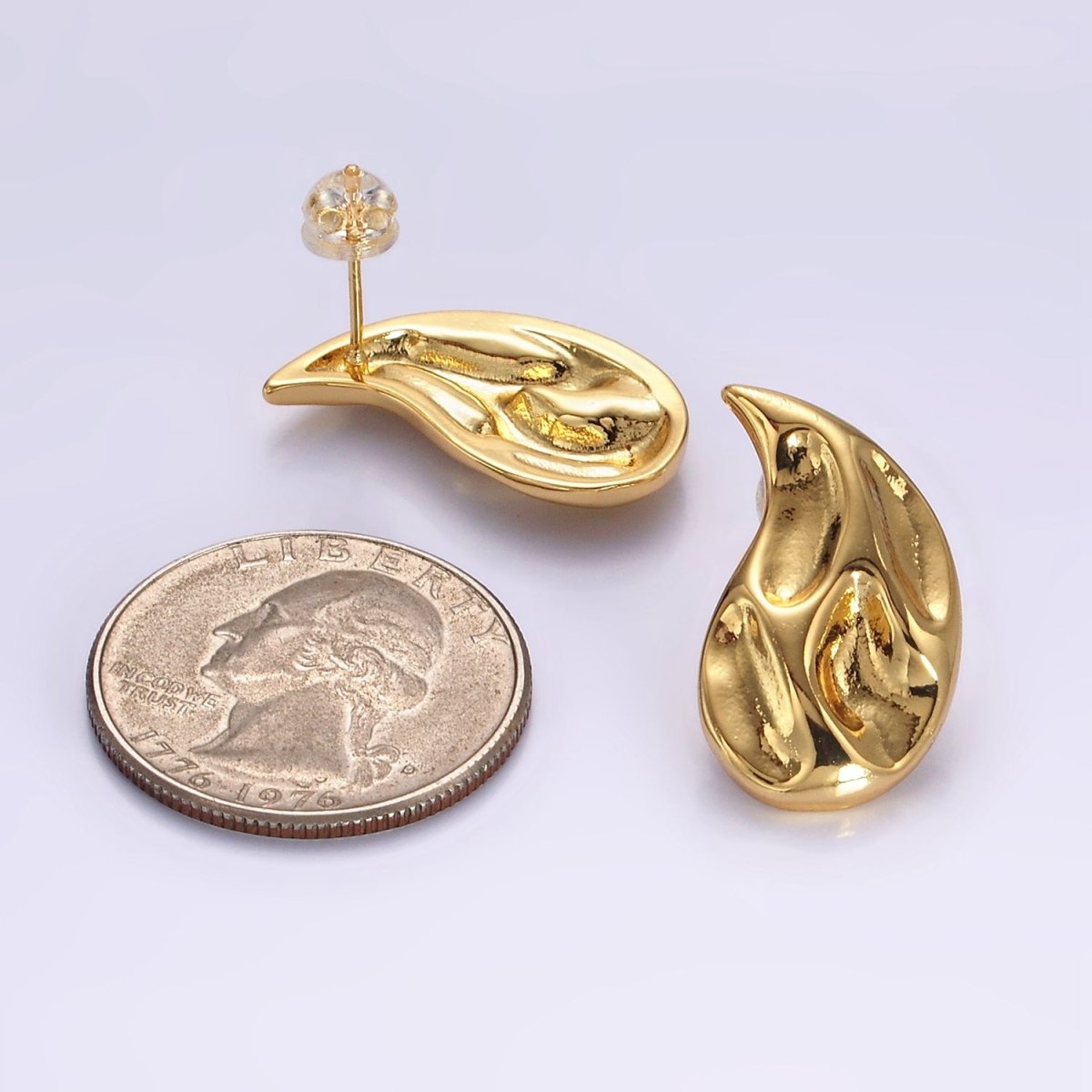 14K Gold plated Dented Molten Fire Curved Teardrop Set Stud Earrings in Gold & Silver | AE-108 AE-109