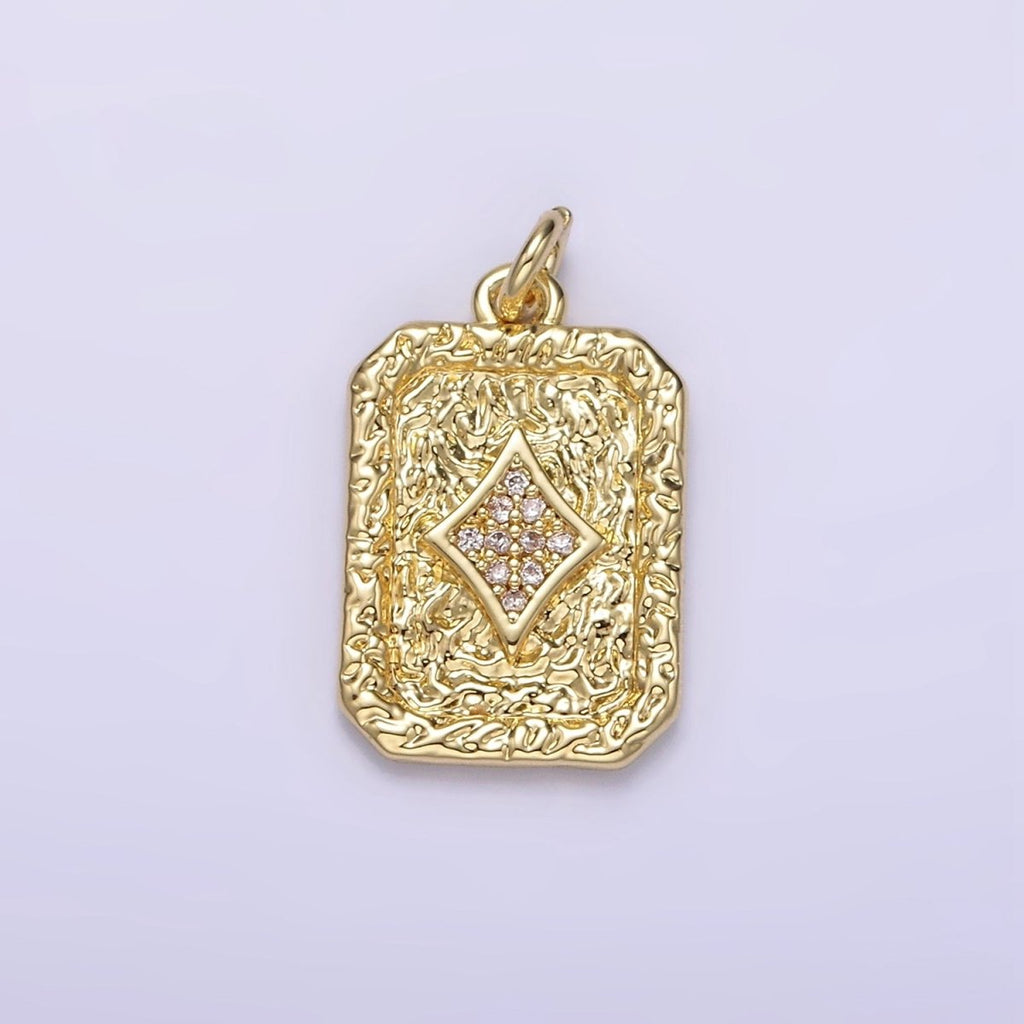14K Gold plated Diamonds Card Micro Paved CZ Hammered Rectangular Tag Charm | AG304 - DLUXCA