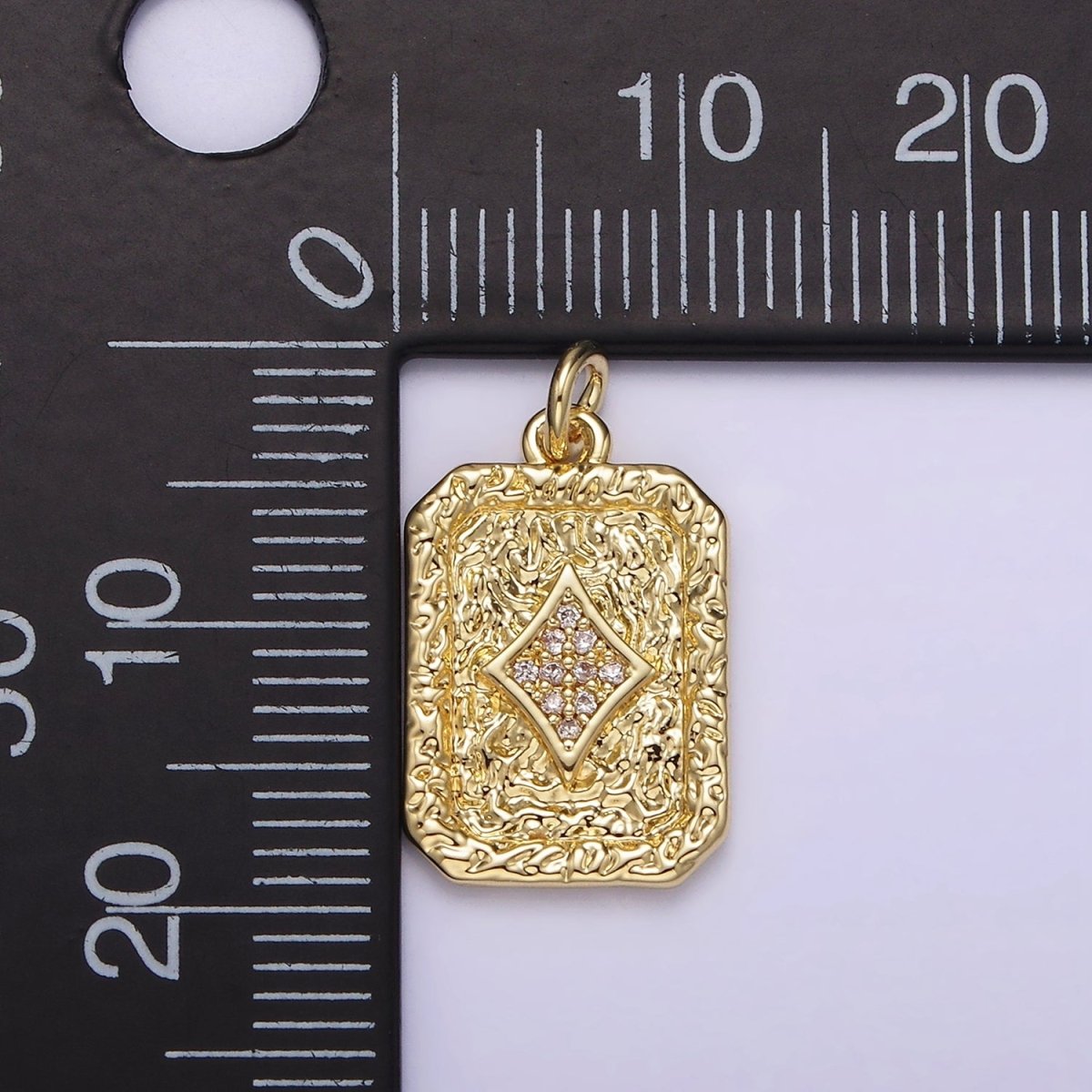 14K Gold plated Diamonds Card Micro Paved CZ Hammered Rectangular Tag Charm | AG304 - DLUXCA
