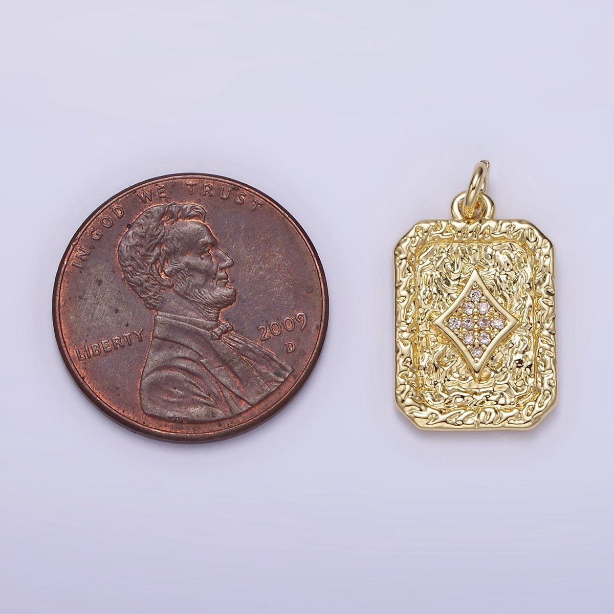 14K Gold plated Diamonds Card Micro Paved CZ Hammered Rectangular Tag Charm | AG304 - DLUXCA