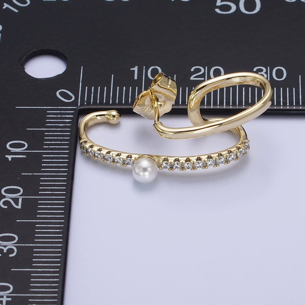 14K Gold plated Double Claw Bar Micro Paved CZ Pearl Stud Earrings Set | AD1470 - DLUXCA