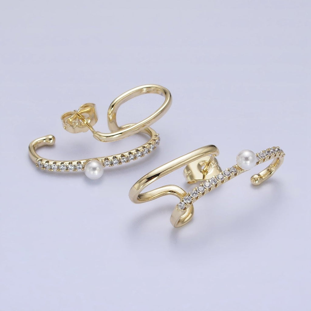 14K Gold plated Double Claw Bar Micro Paved CZ Pearl Stud Earrings Set | AD1470 - DLUXCA