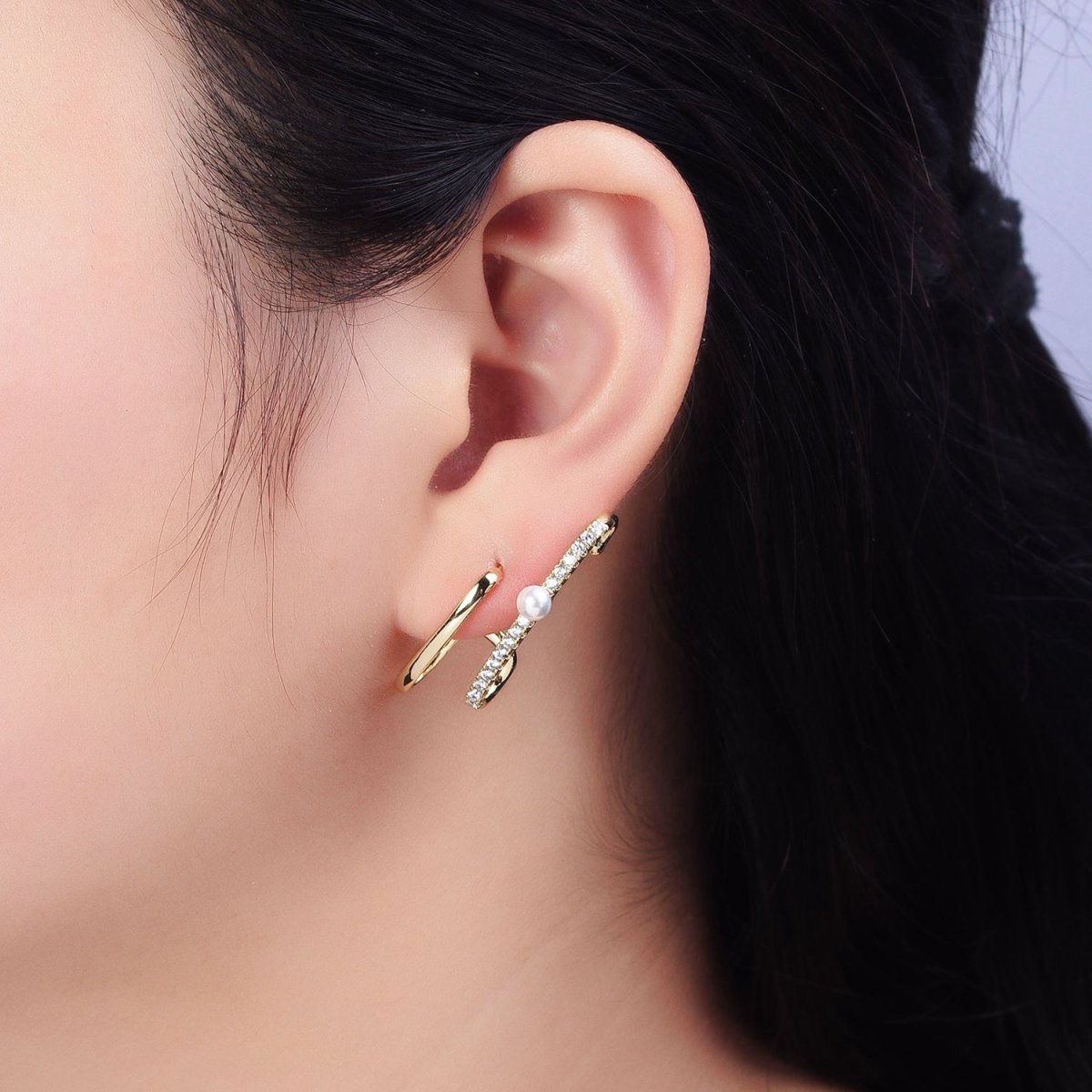 14K Gold plated Double Claw Bar Micro Paved CZ Pearl Stud Earrings Set | AD1470 - DLUXCA