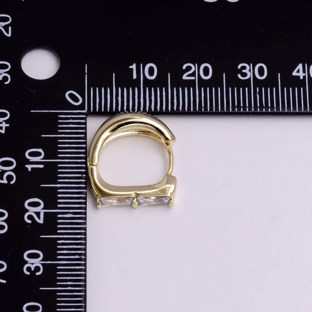 14K Gold plated Double Clear Baguette Lined 16mm Huggie Earrings | AD1057 - DLUXCA
