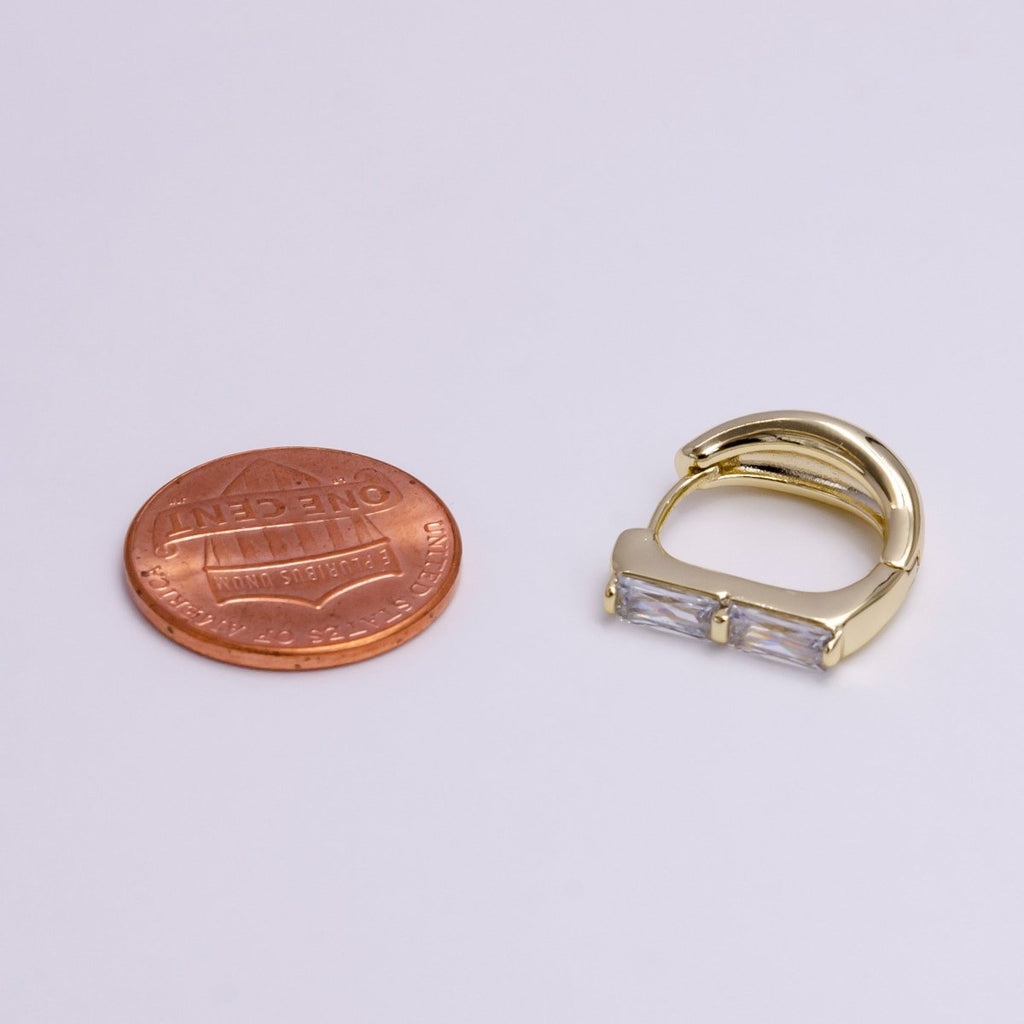 14K Gold plated Double Clear Baguette Lined 16mm Huggie Earrings | AD1057 - DLUXCA