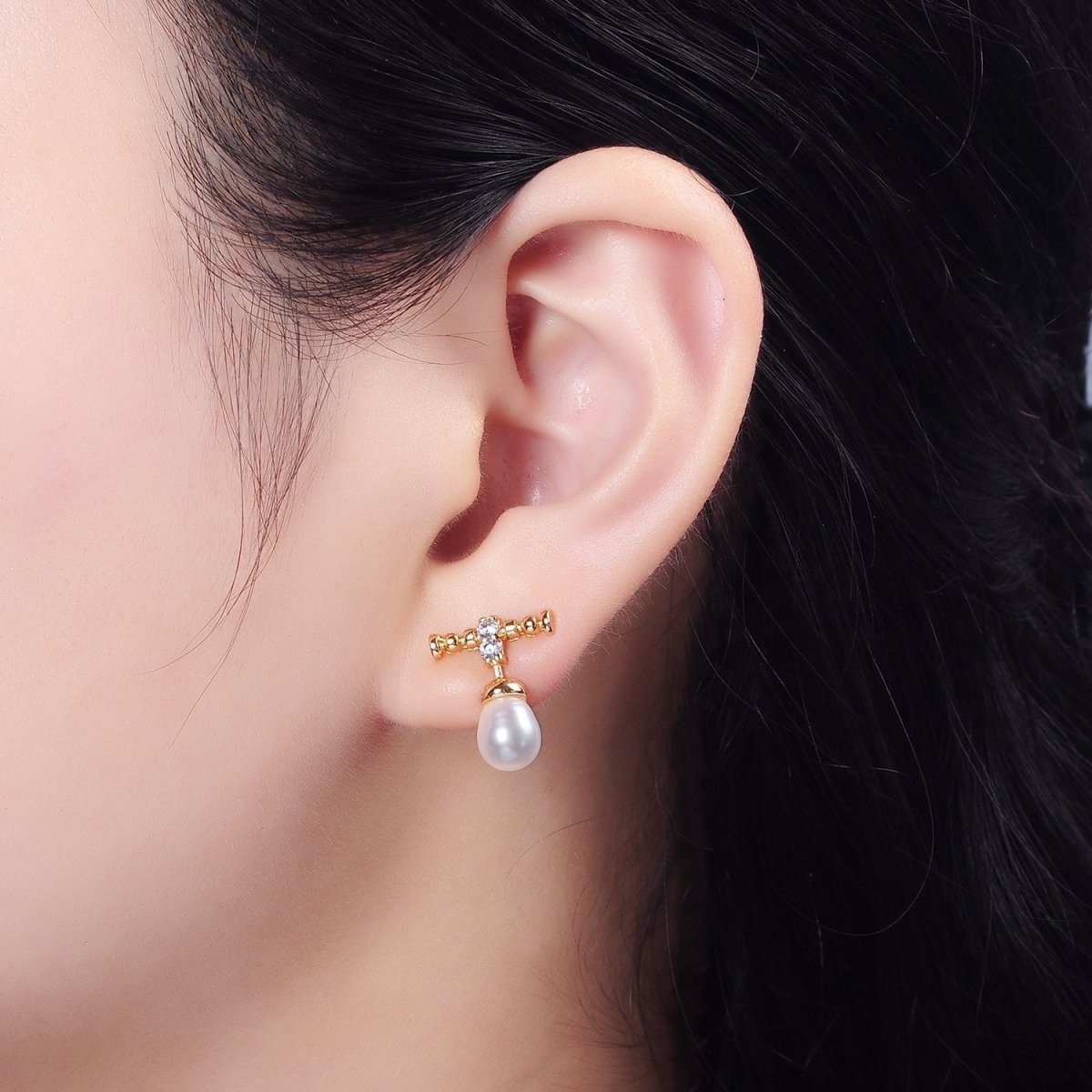 14K Gold plated Double Clear CZ Bubble Rhondelle Lined Pearl Button Drop Stud Earrings | AE925 - DLUXCA