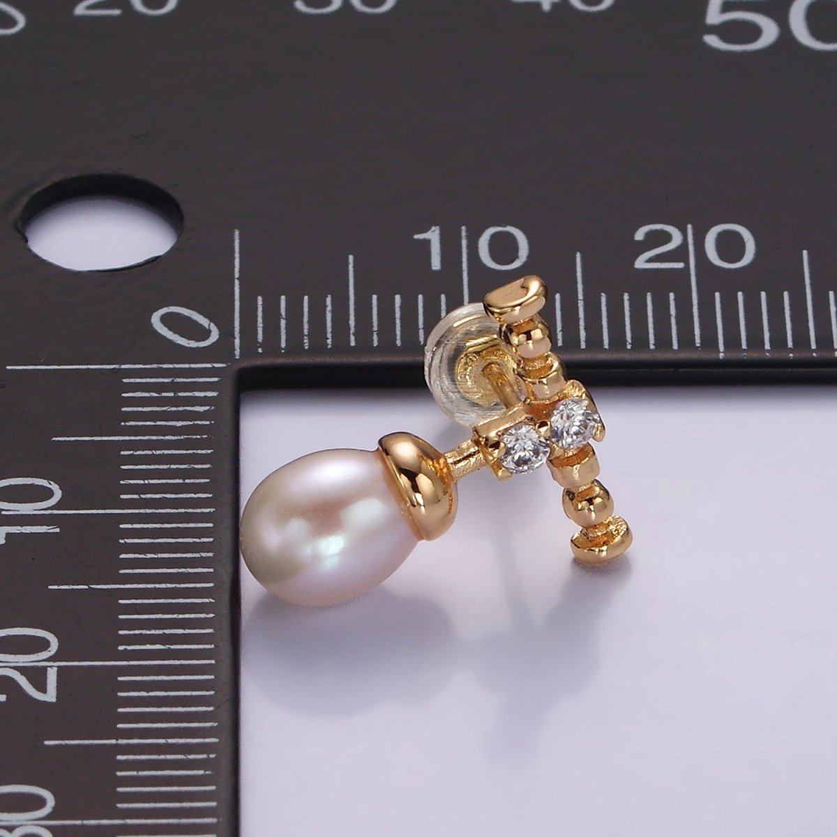14K Gold plated Double Clear CZ Bubble Rhondelle Lined Pearl Button Drop Stud Earrings | AE925 - DLUXCA