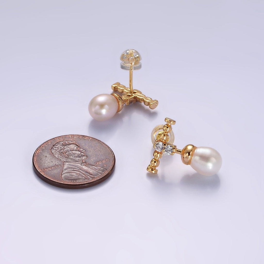 14K Gold plated Double Clear CZ Bubble Rhondelle Lined Pearl Button Drop Stud Earrings | AE925 - DLUXCA