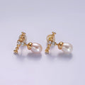 14K Gold plated Double Clear CZ Bubble Rhondelle Lined Pearl Button Drop Stud Earrings | AE925 - DLUXCA