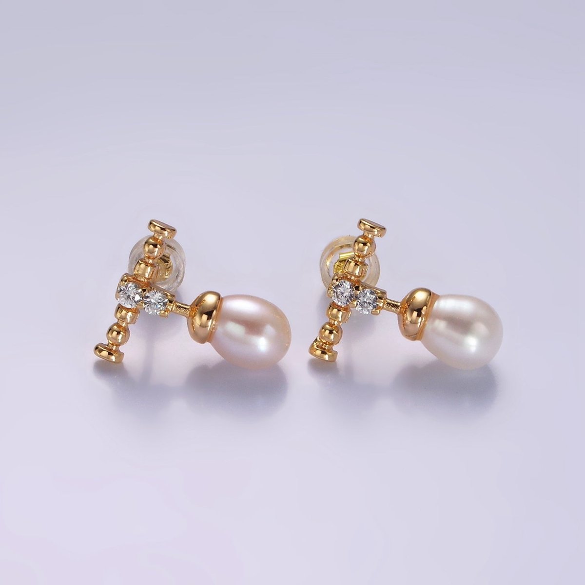 14K Gold plated Double Clear CZ Bubble Rhondelle Lined Pearl Button Drop Stud Earrings | AE925 - DLUXCA