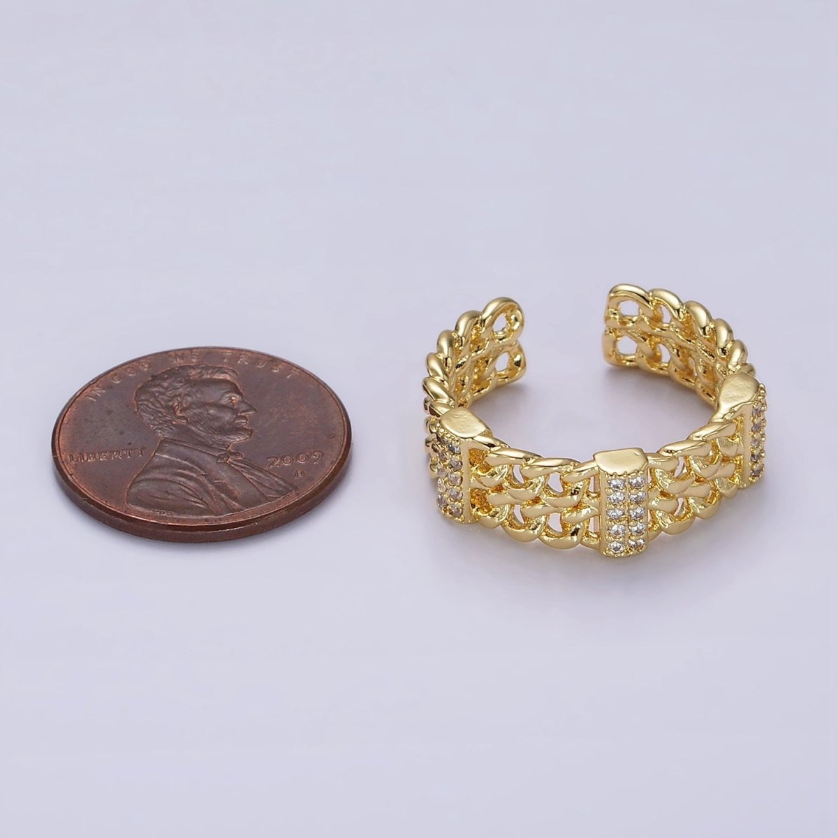 14K Gold plated Double Curb Chain Link Micro Paved Bar Ring | O1051 - DLUXCA