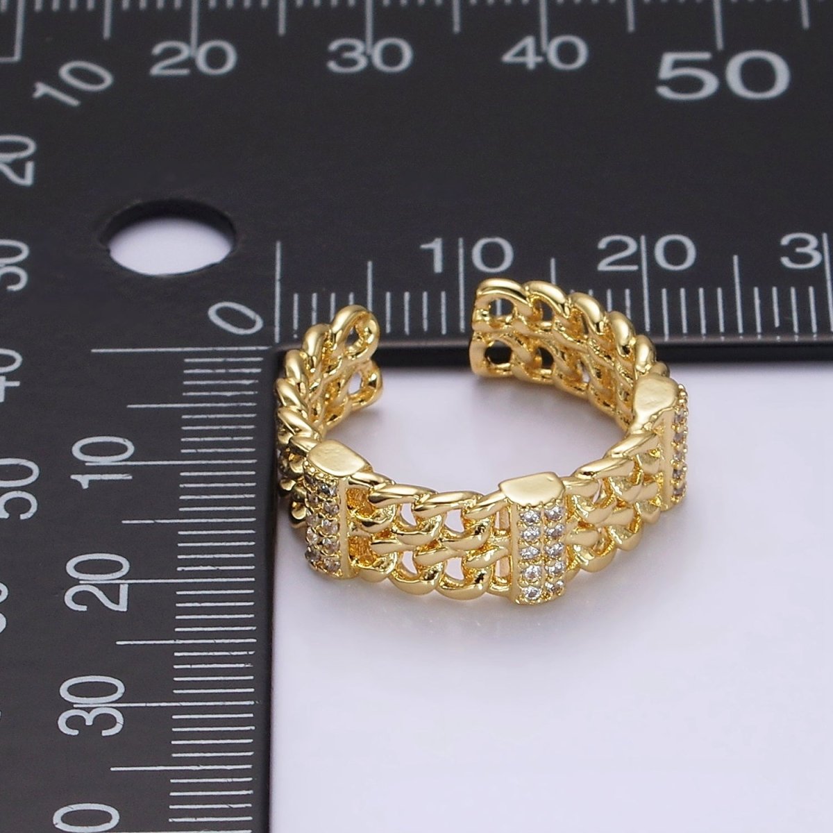 14K Gold plated Double Curb Chain Link Micro Paved Bar Ring | O1051 - DLUXCA