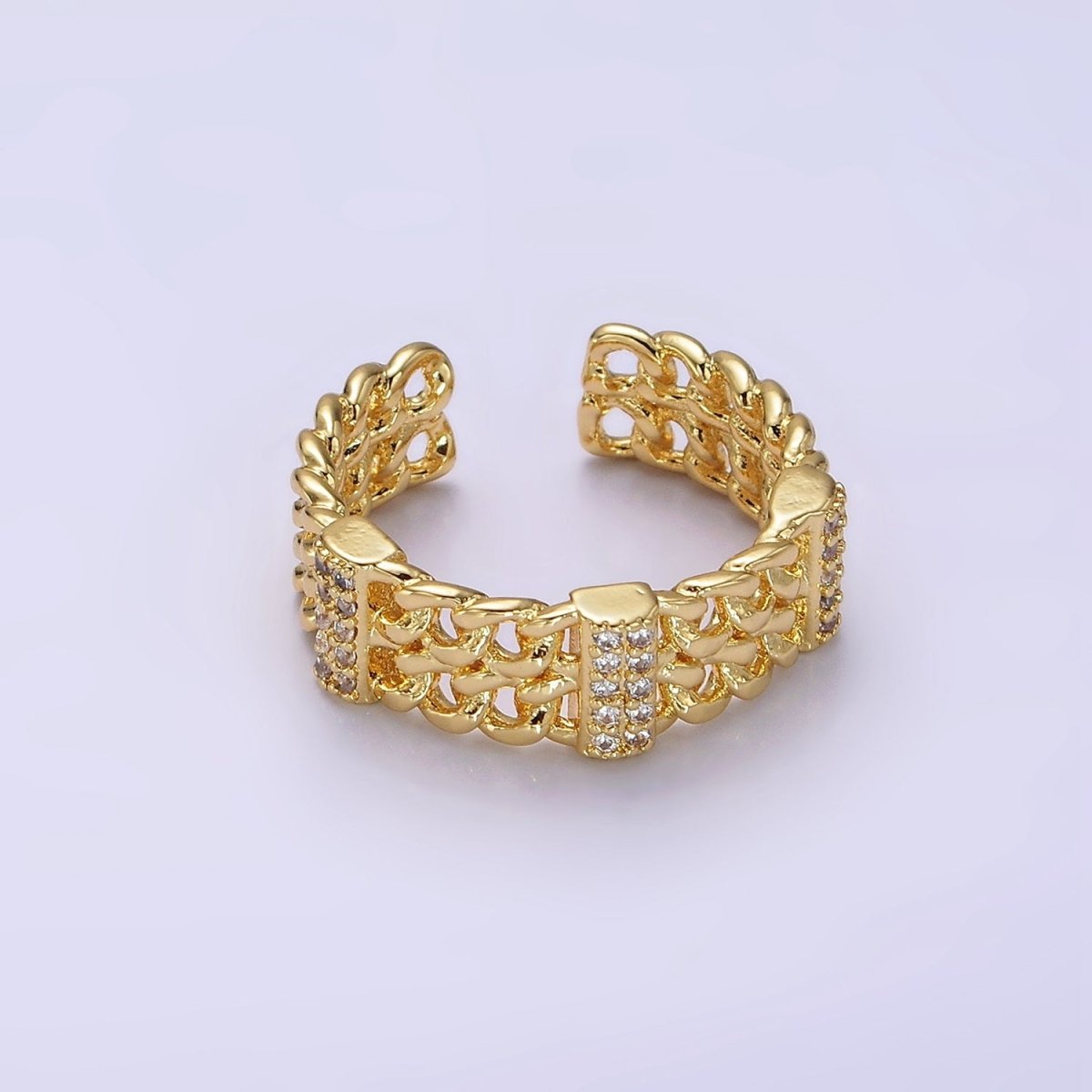 14K Gold plated Double Curb Chain Link Micro Paved Bar Ring | O1051 - DLUXCA
